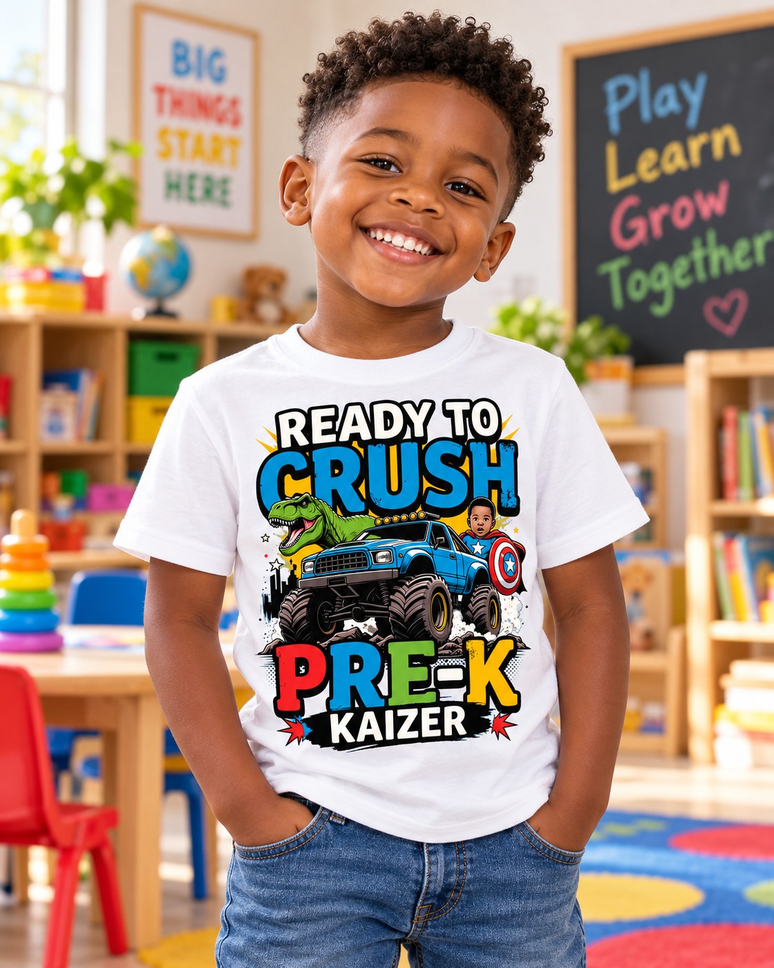 Custom Pre-K back-to-school tee with personalized name design