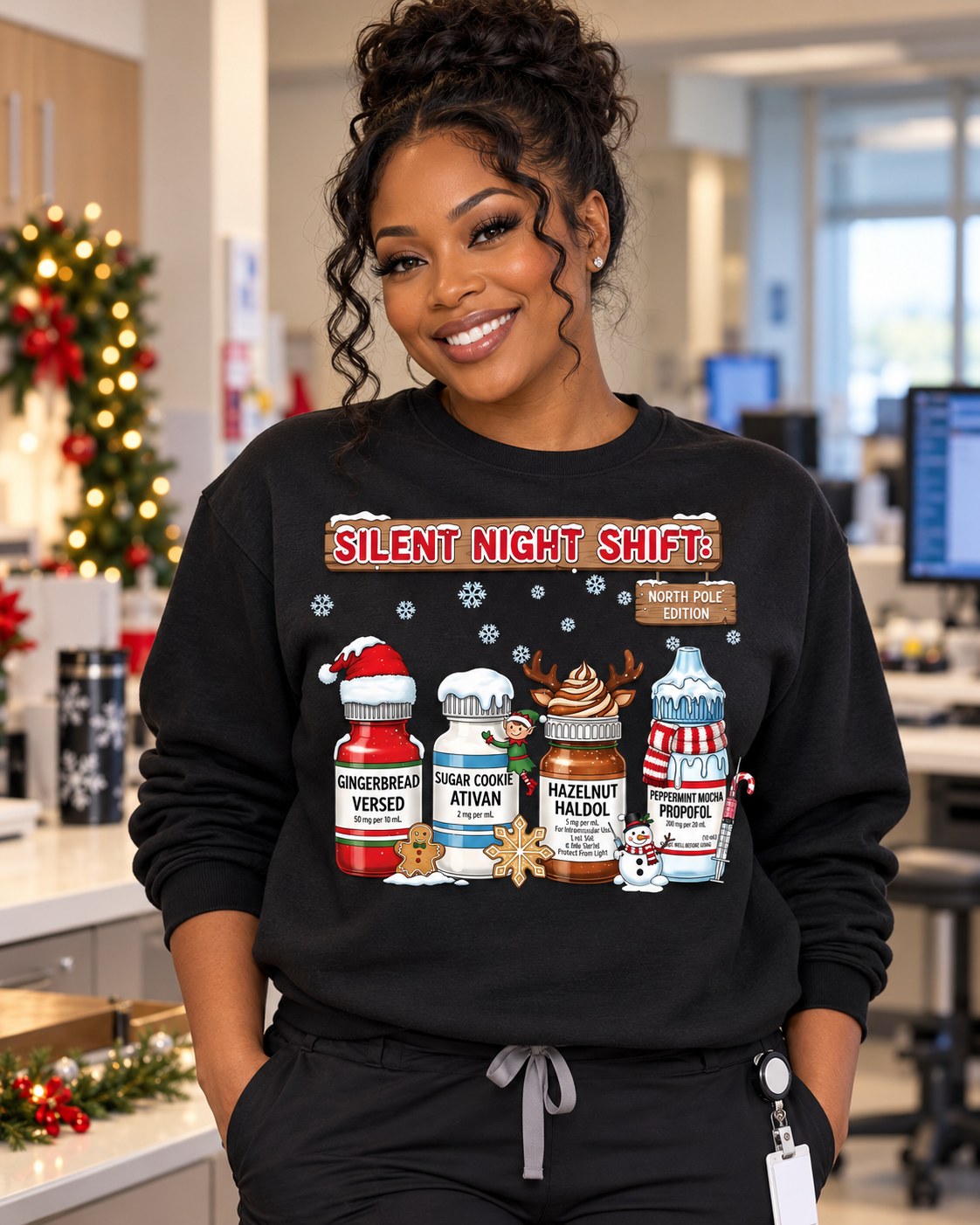 Personalized healthcare holiday sweatshirt with custom department design