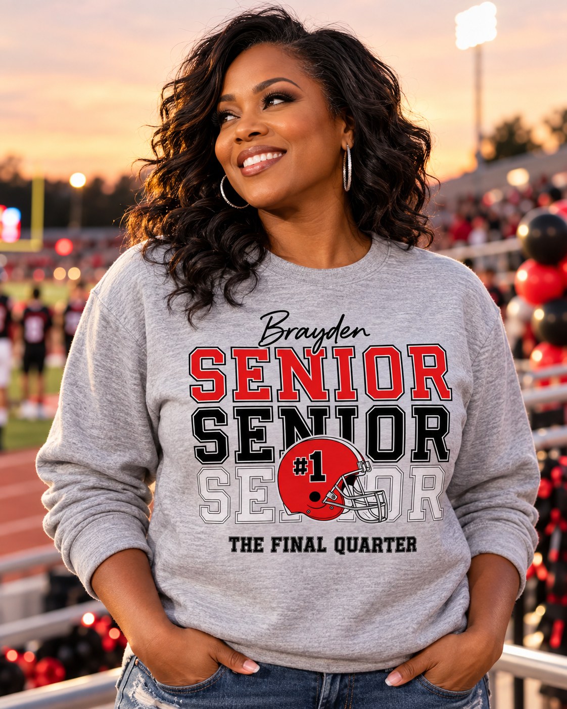 Custom senior football sweatshirt with personalized name and number detail