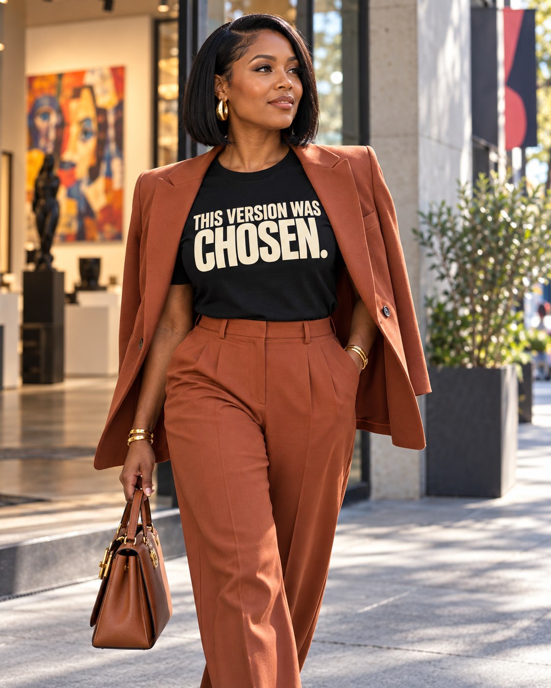 Woman in a gallery wearing a This Version Was Chosen. tee