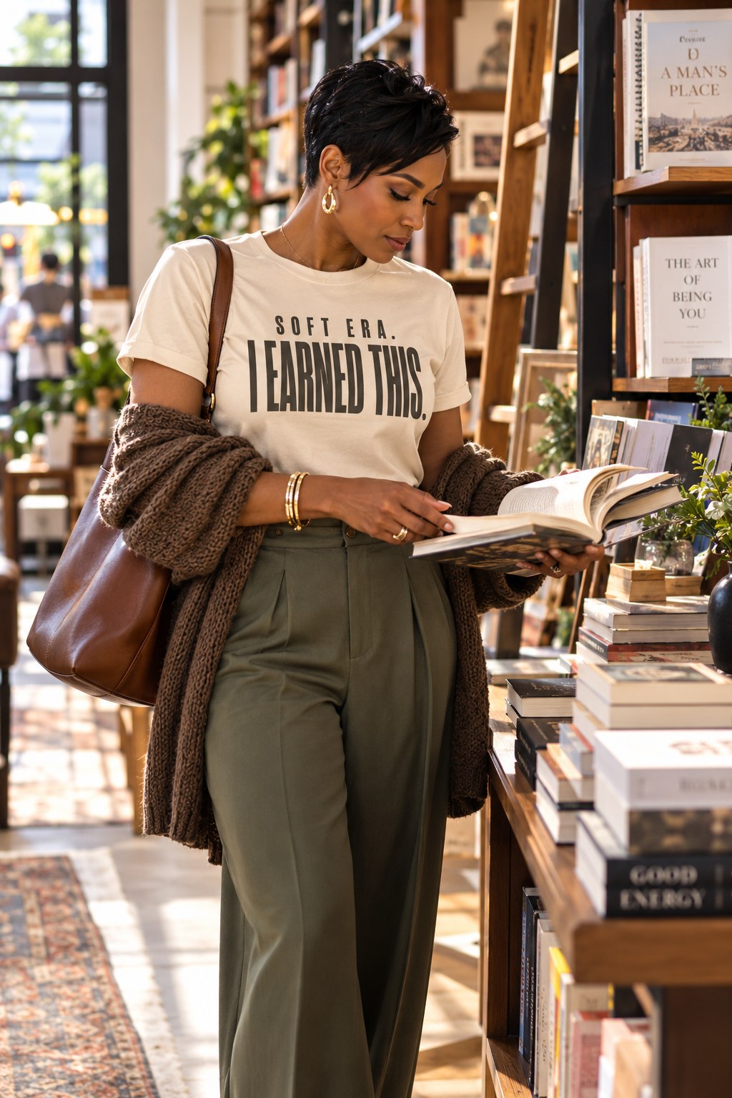 Woman in a bookstore wearing a Soft Era. I Earned This. tee